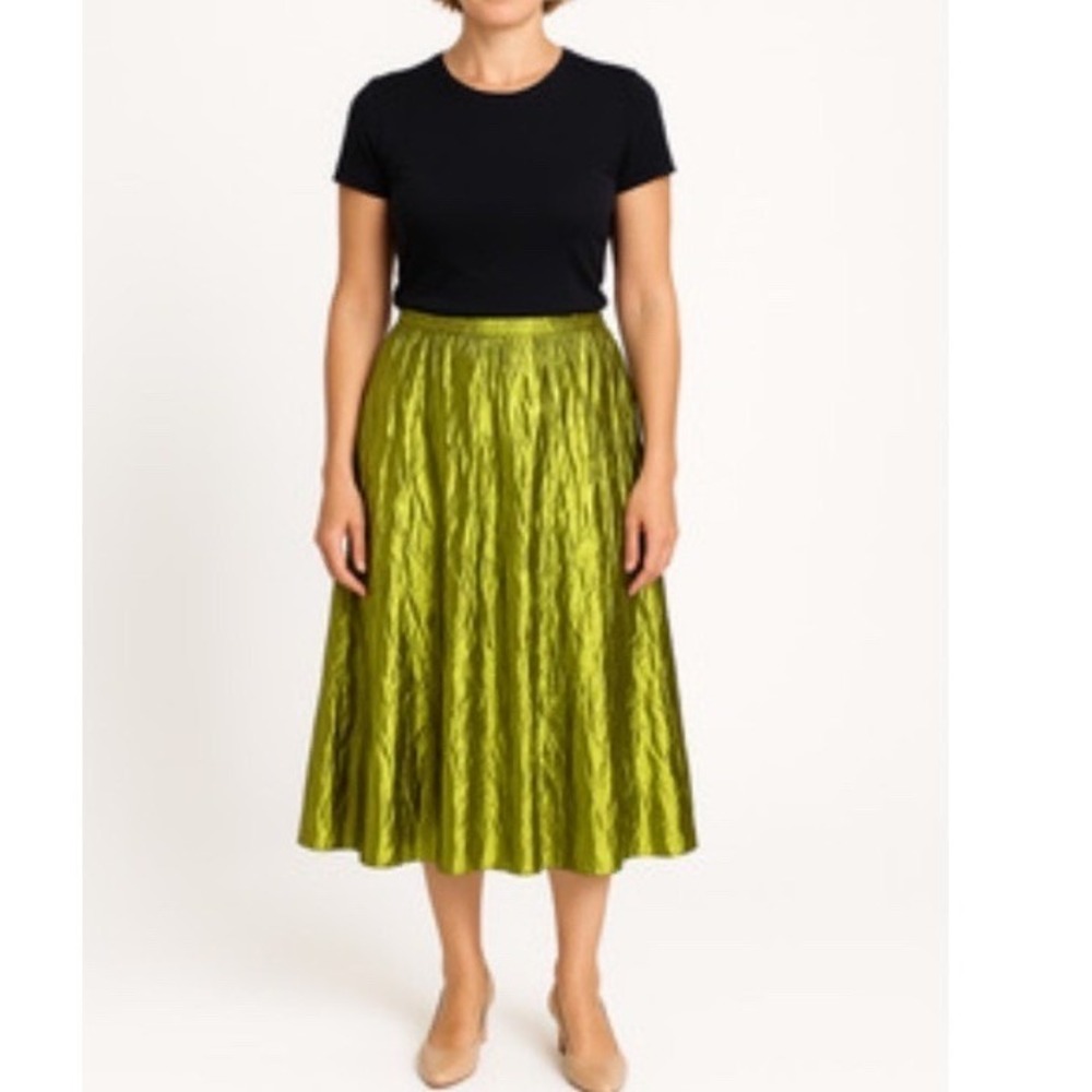 Van Klee Chartreuse Green Crinkled Taffeta Gored Midi Skirt Dopamine XS NWT